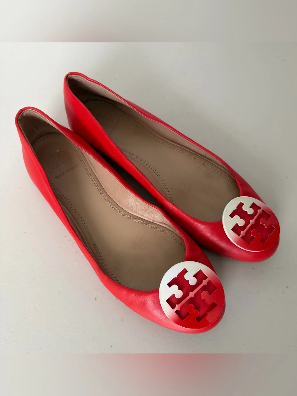 Tory Burch Reva Dip Dye Logo Ballet Flats Masai Red Veg Nappa Leather 8.5 M